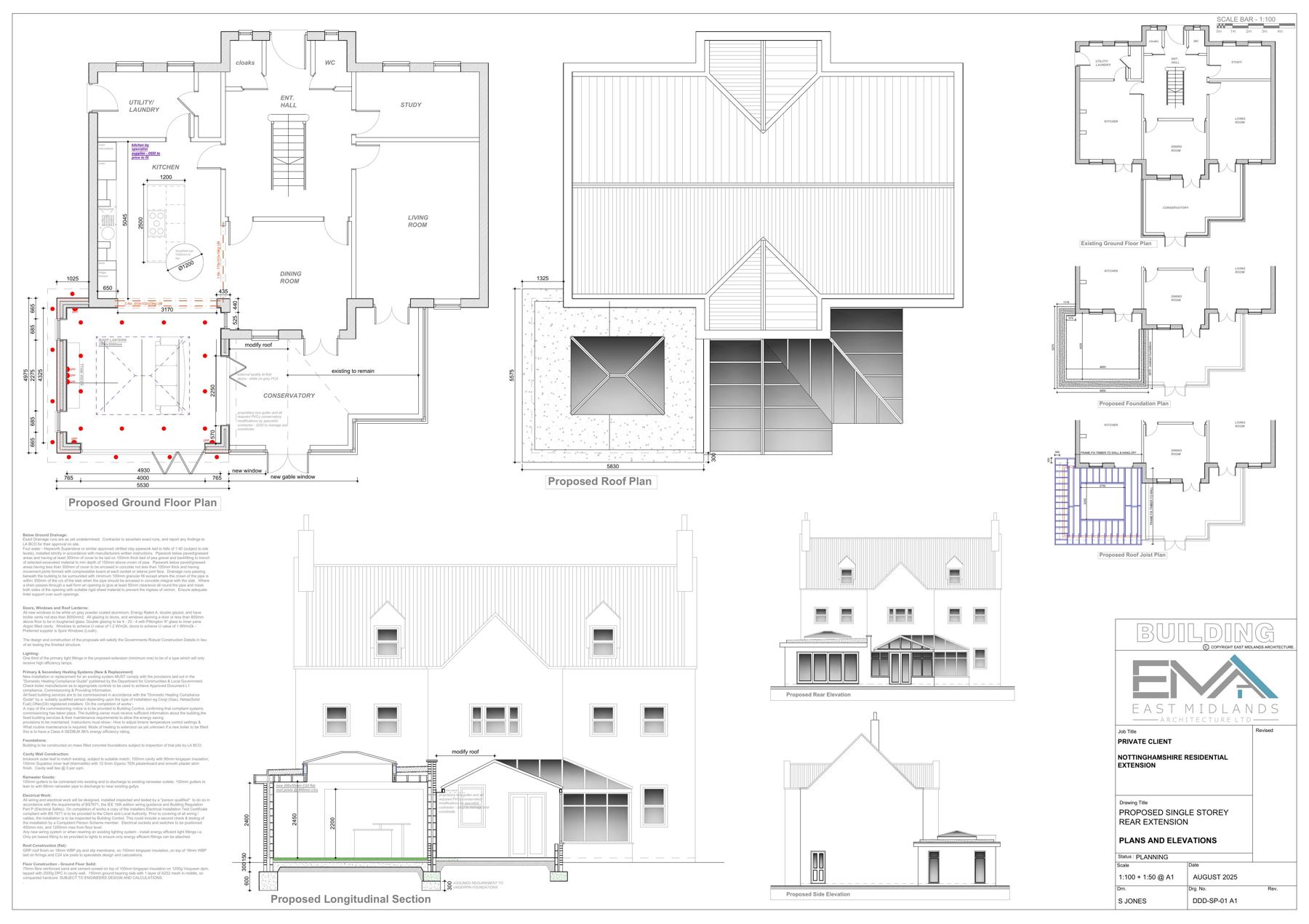 Architectural drawing sheet 7 showing proposed plans, elevations, sections and a location plan