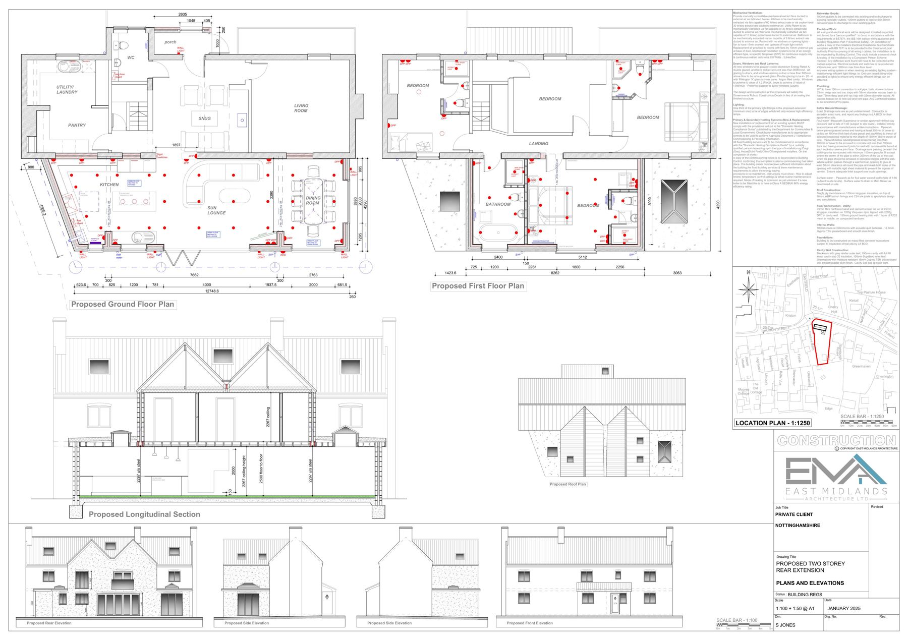 Architectural drawing sheet 6 showing proposed plans, elevations, sections and a location plan