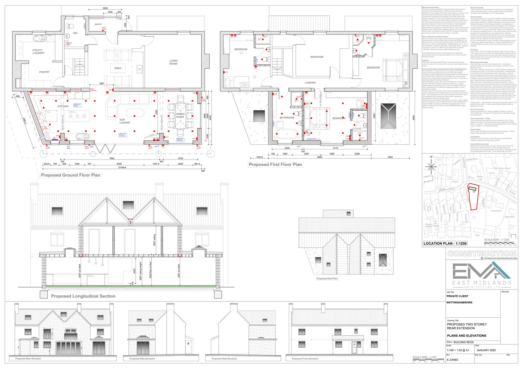 Planning application drawing set with proposed plans, elevations and a 1:1250 location plan for a two-storey rear extension