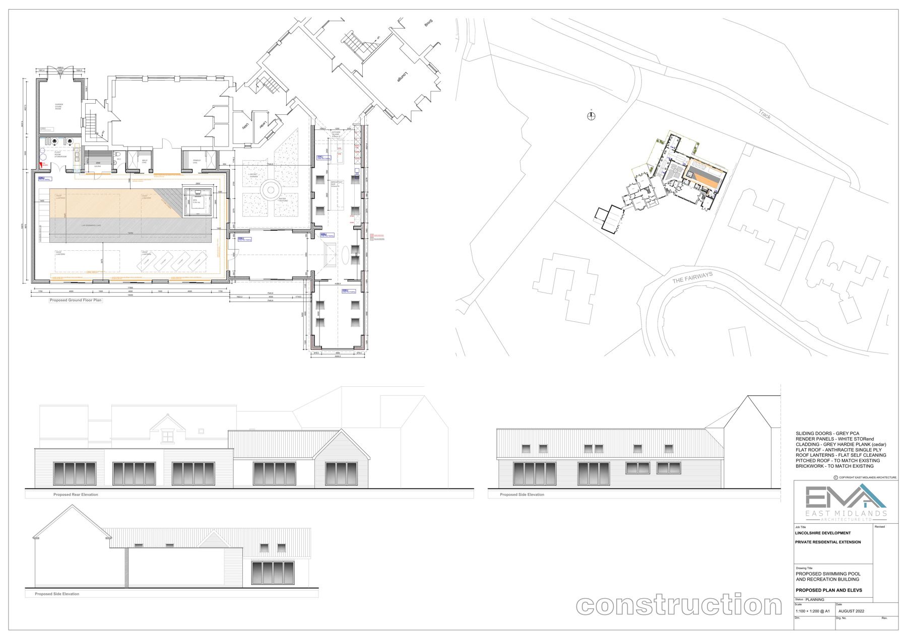 Architectural drawing sheet 4 showing proposed plans, elevations, sections and a location plan