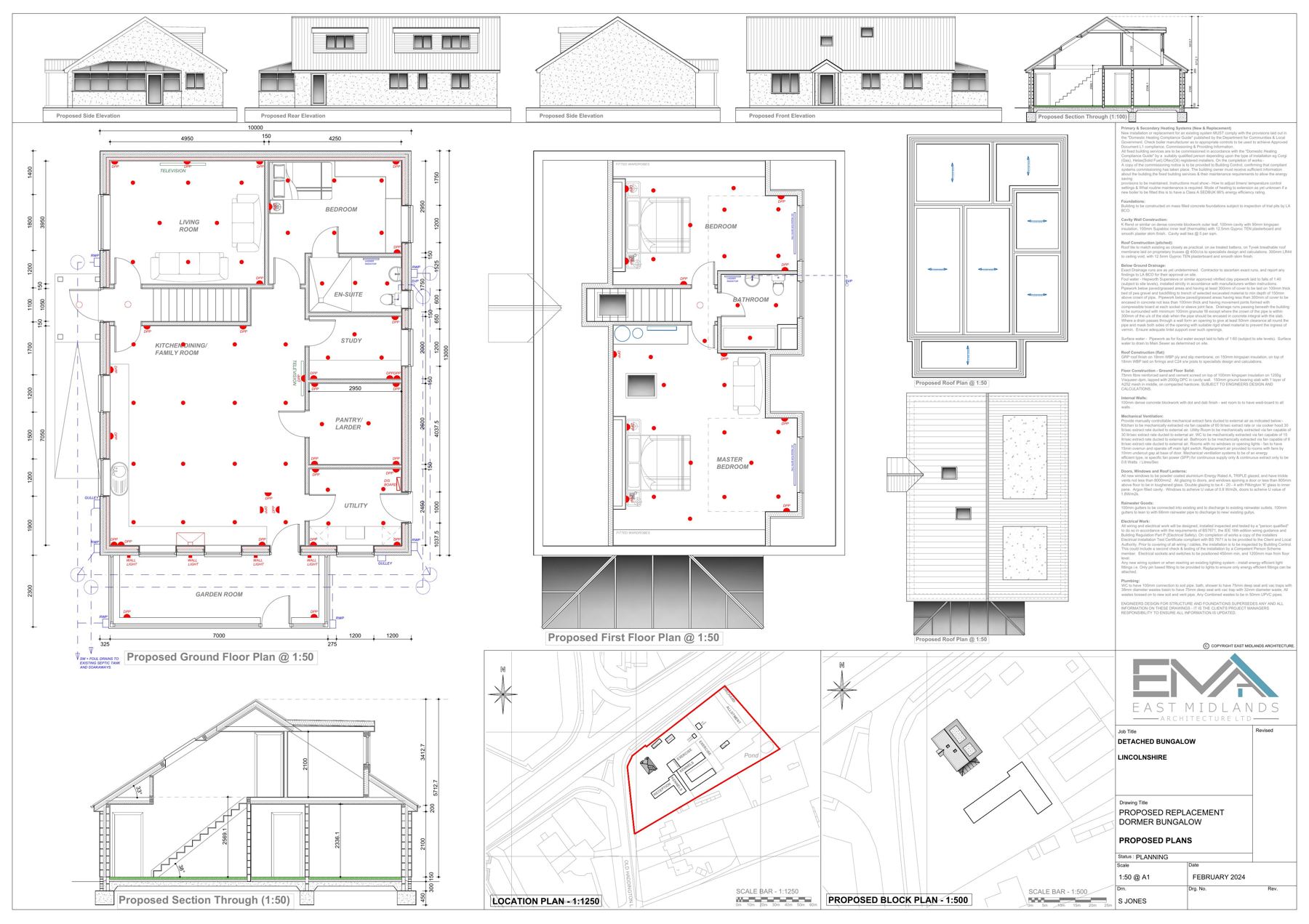 Architectural drawing sheet 1 showing proposed plans, elevations, sections and a location plan