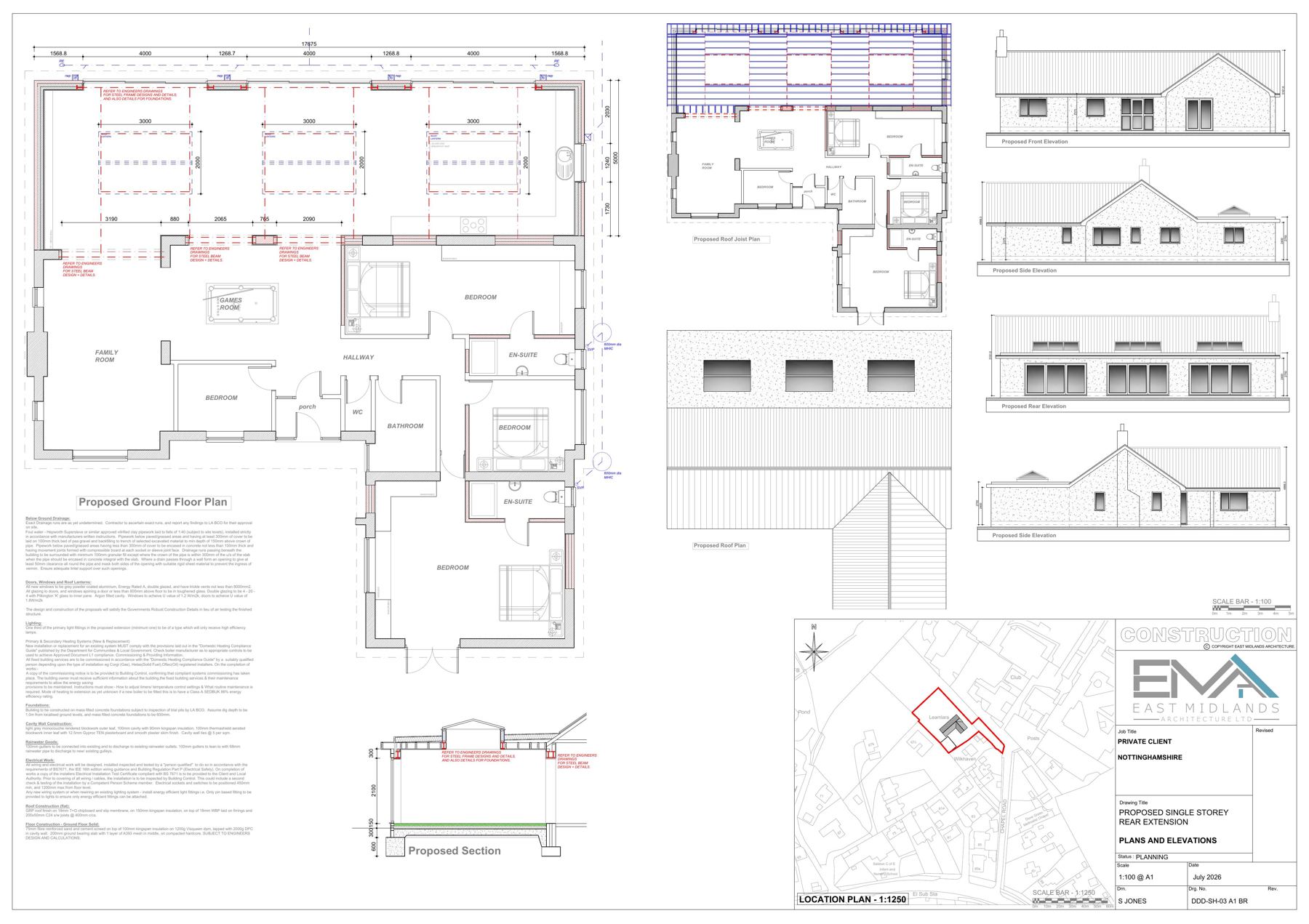 Architectural drawing sheet 8 showing proposed plans, elevations, sections and a location plan
