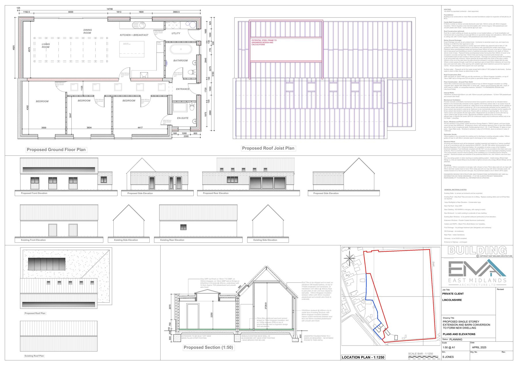 Architectural drawing sheet 11 showing proposed plans, elevations, sections and a location plan