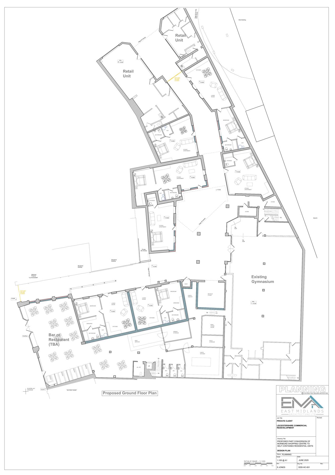 Architectural drawing sheet 13 showing proposed plans, elevations, sections and a location plan