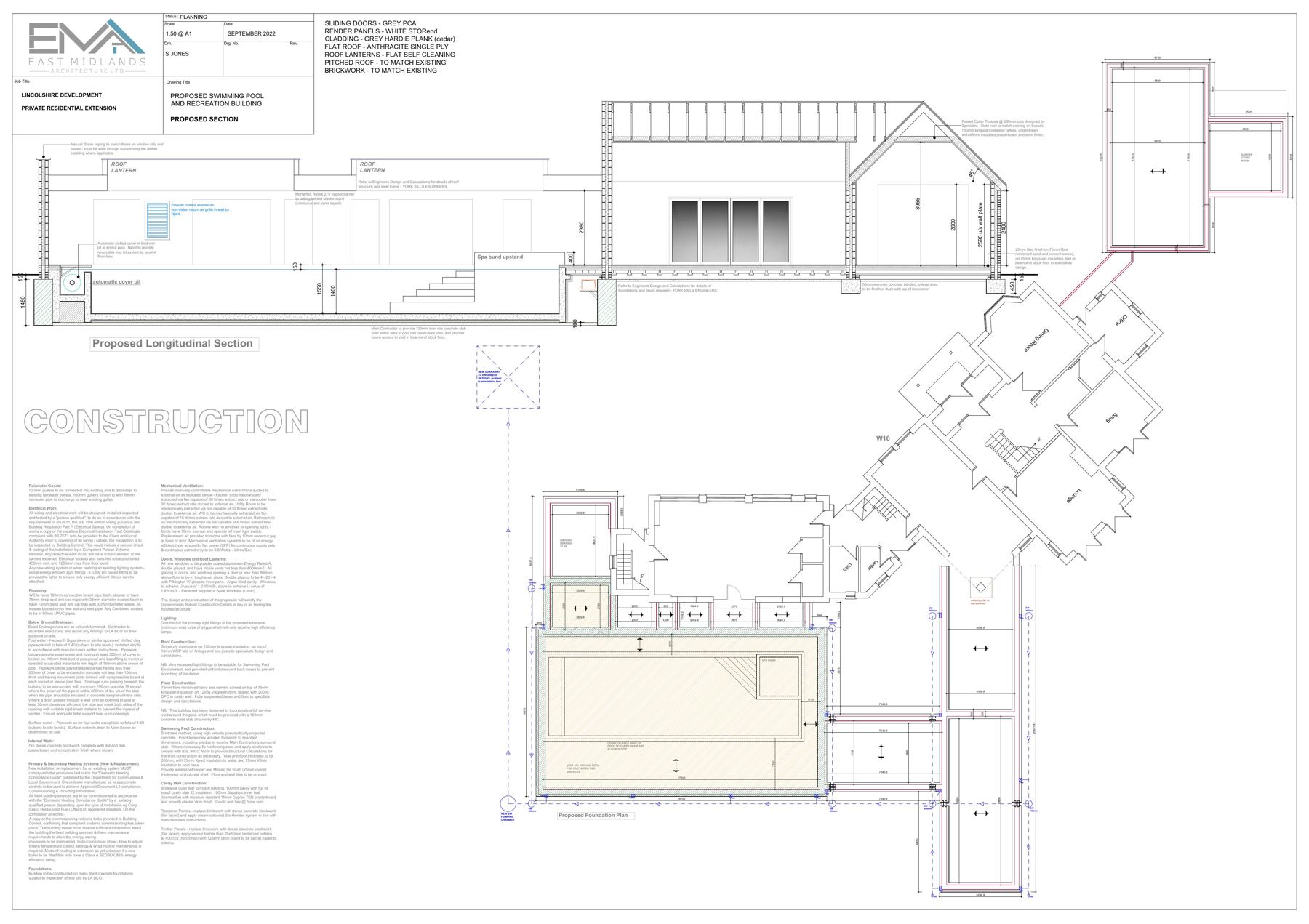 Architectural drawing sheet 10 showing proposed plans, elevations, sections and a location plan