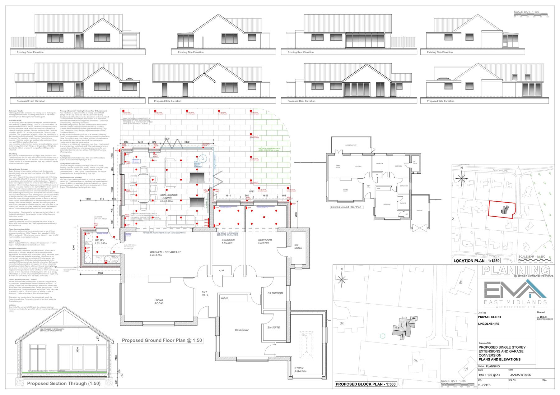 Architectural drawing sheet 9 showing proposed plans, elevations, sections and a location plan