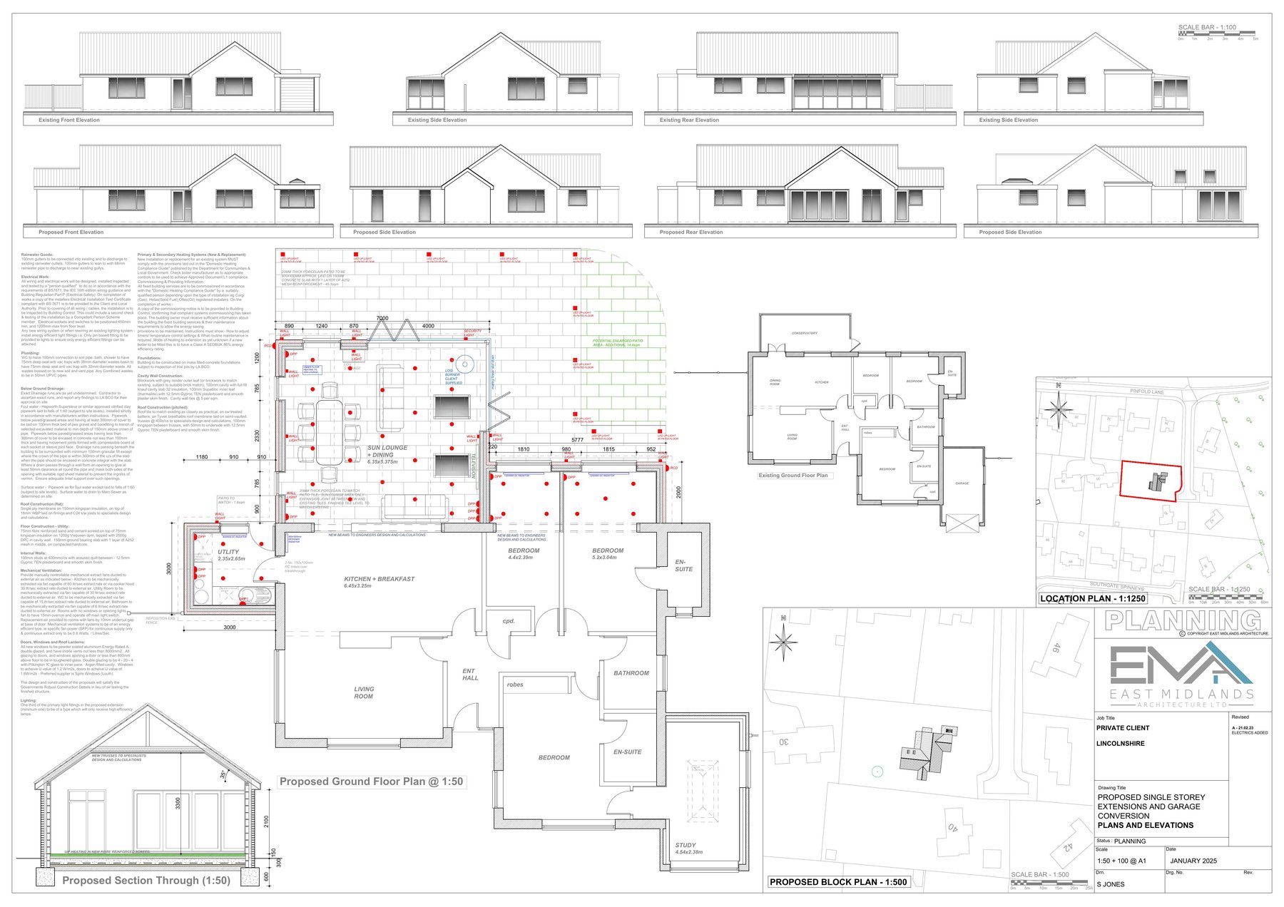 Architectural design drawing showing proposed floor plans, elevations and sections for a Lincolnshire home