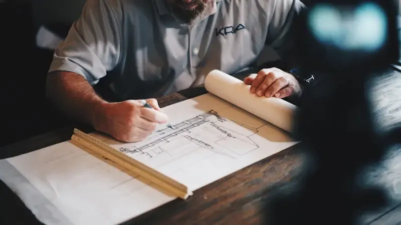 Quantity surveyor marking up a set of architectural drawings with a scale rule to cost a residential project
