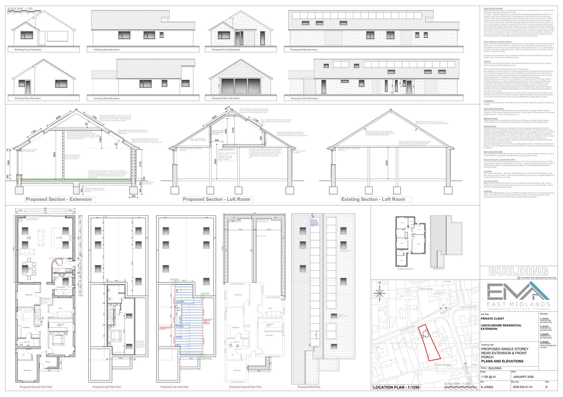Building regulations drawing showing construction sections, insulation build-ups and technical notes for a rear extension and loft room