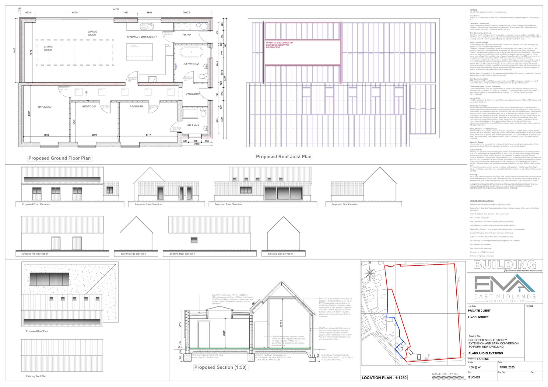 Barn conversion drawing set showing proposed plans, elevations and sections for converting a Lincolnshire barn into a dwelling