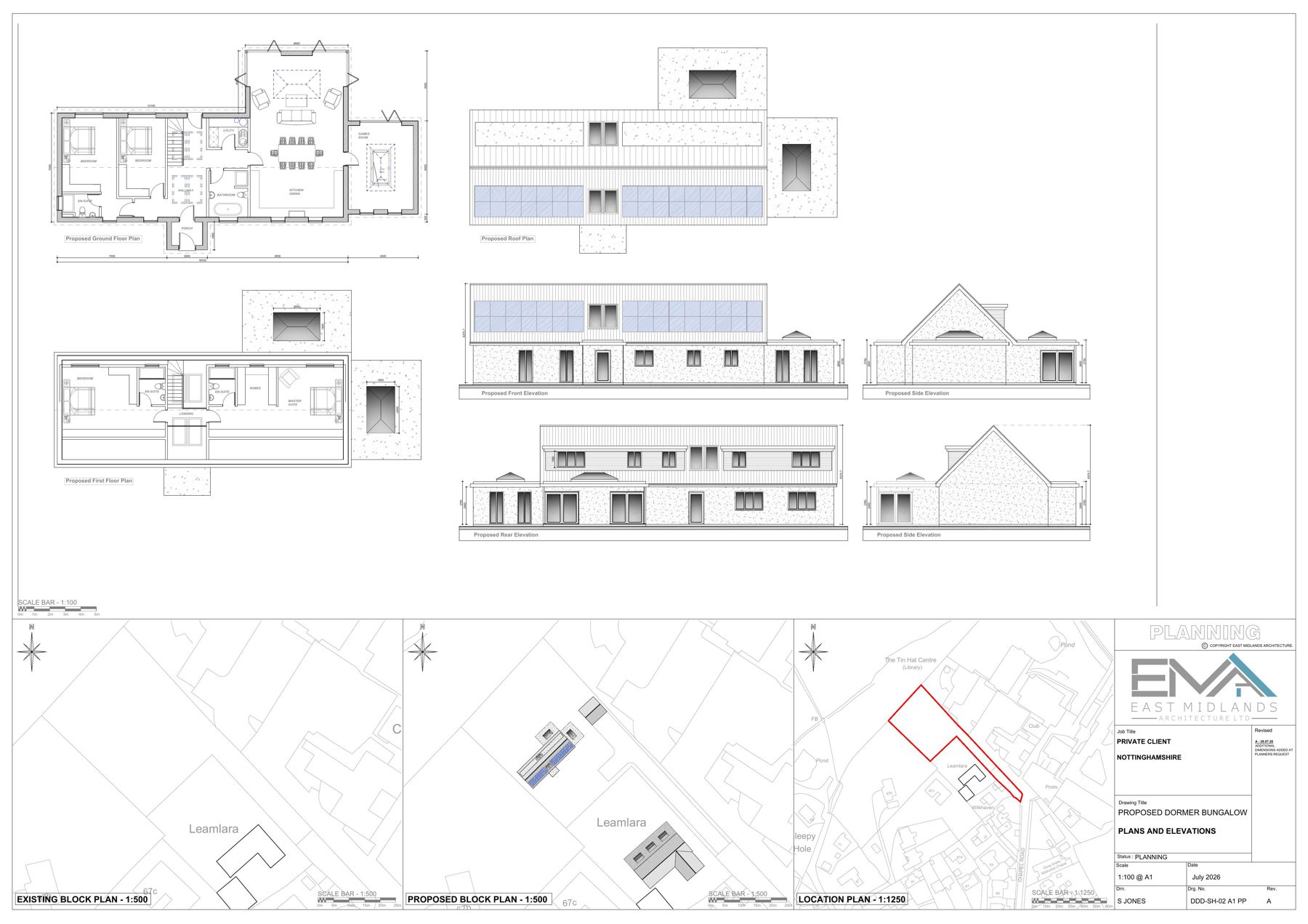 Architectural drawing sheet 2 showing proposed plans, elevations, sections and a location plan