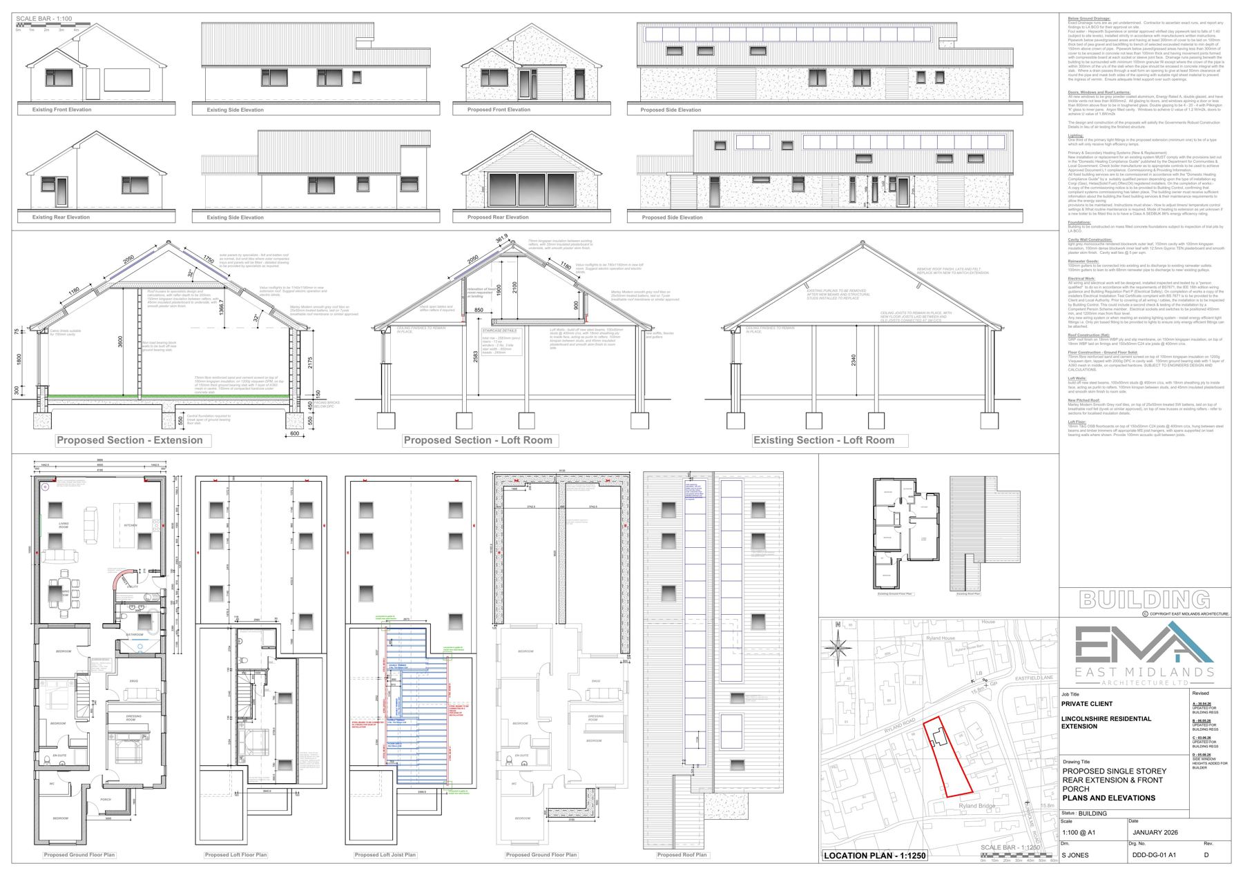 Architectural drawing sheet 3 showing proposed plans, elevations, sections and a location plan