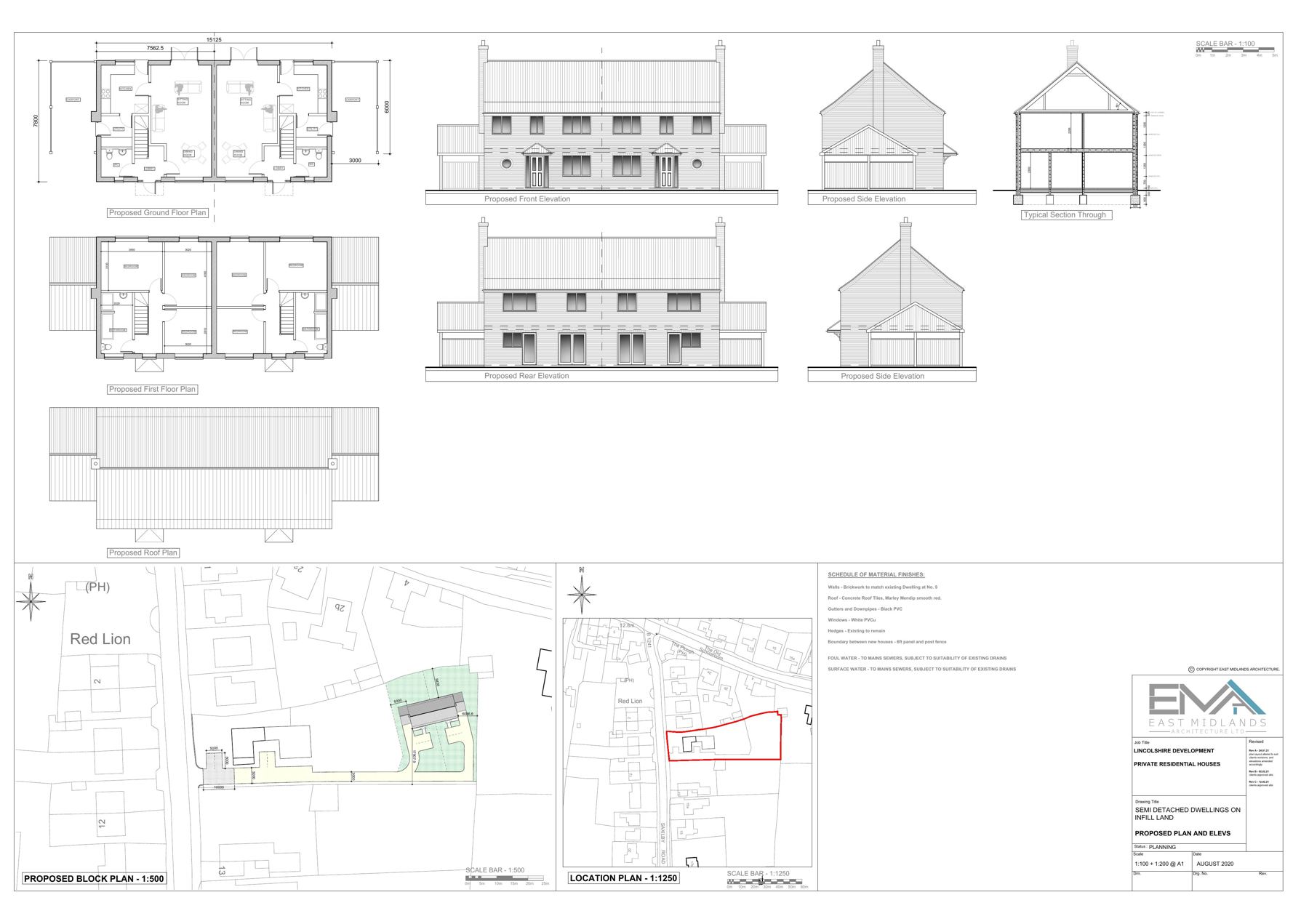 Architectural drawing sheet 5 showing proposed plans, elevations, sections and a location plan