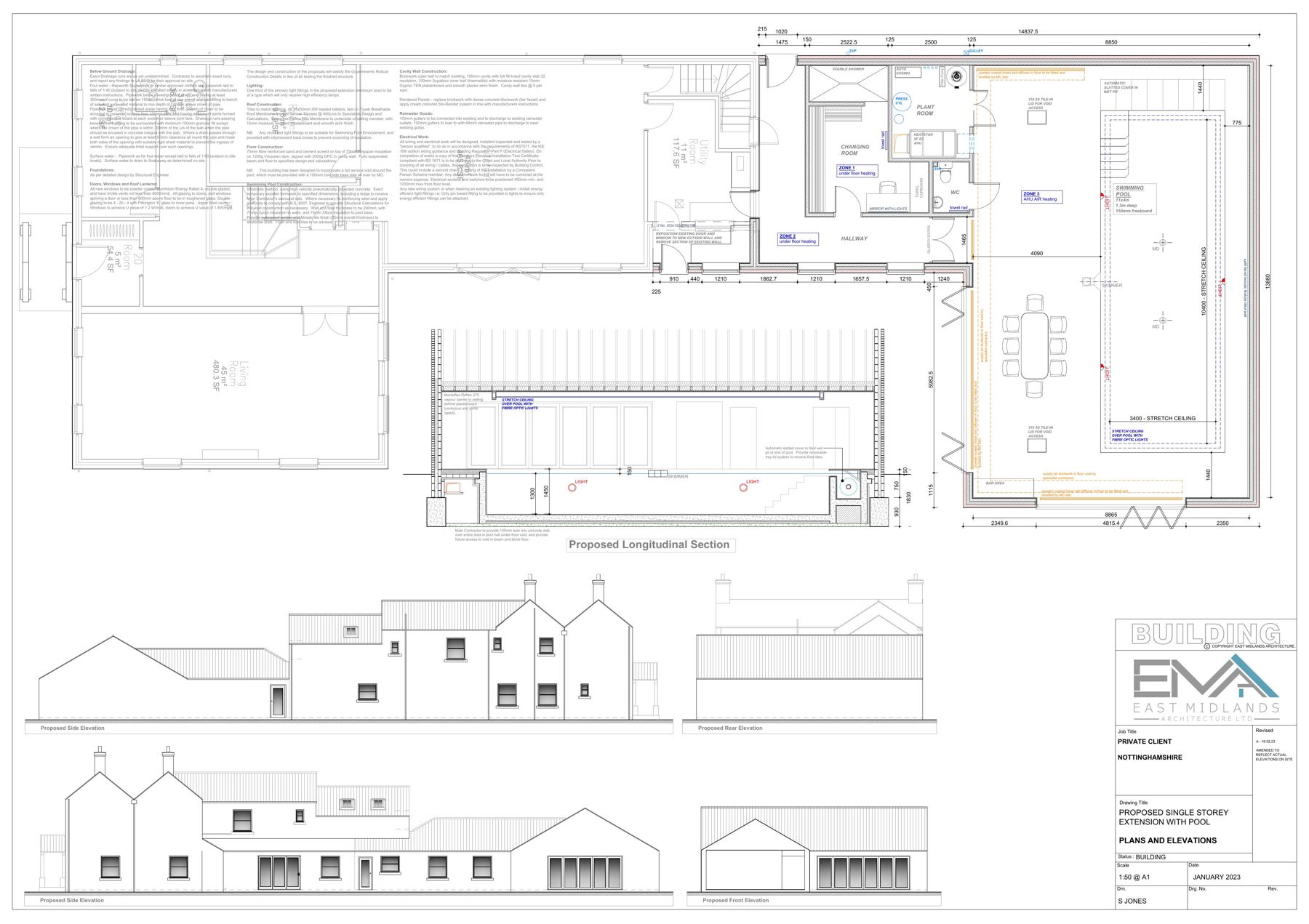 Architectural drawing sheet 12 showing proposed plans, elevations, sections and a location plan