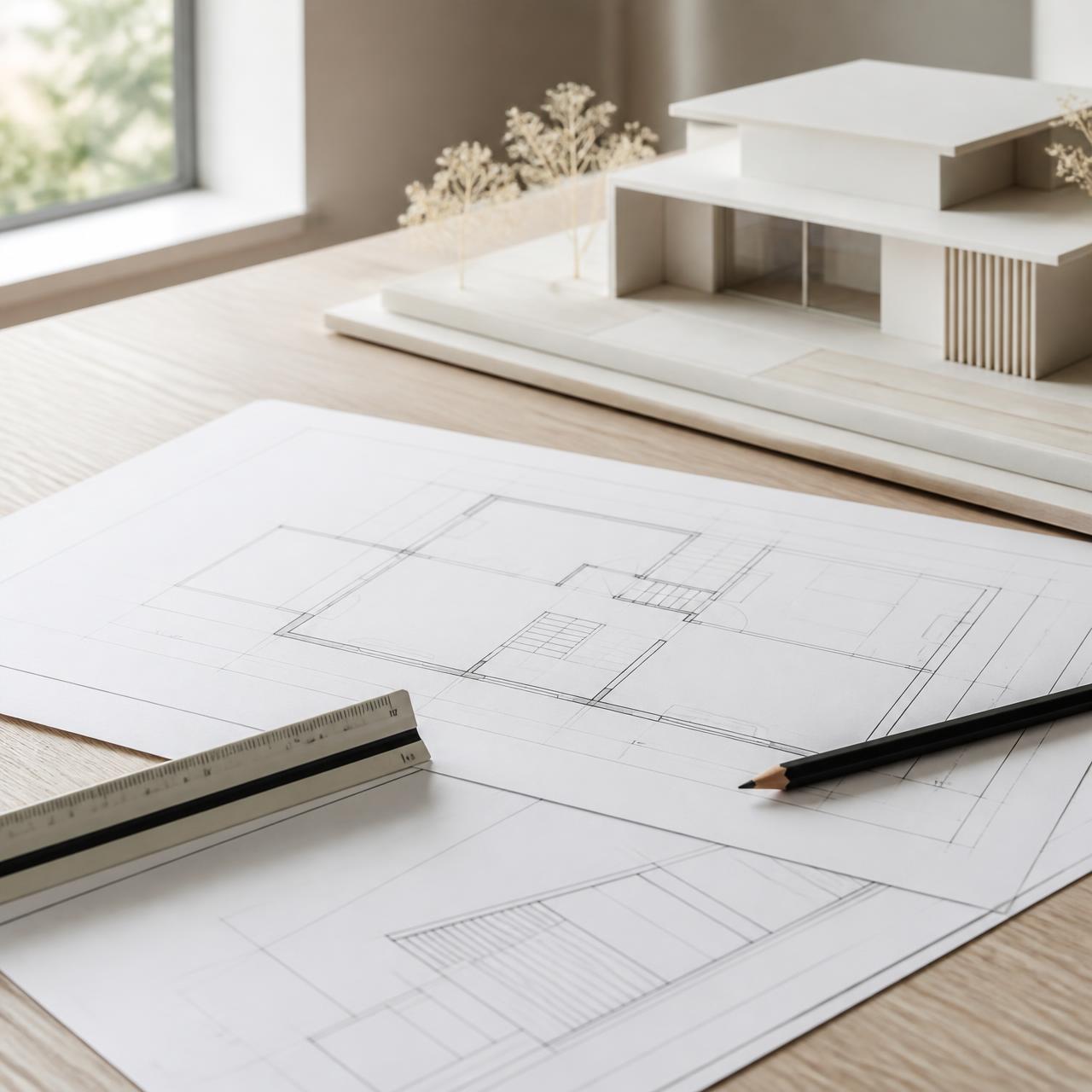 Architectural drawings and scale rule on a design desk